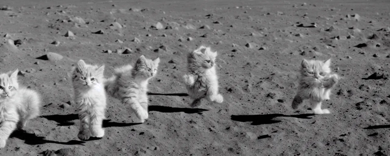 Image similar to group of fluffy baby cats in a space suit walking on the moon, cute photo, 8k UHD, national geographic