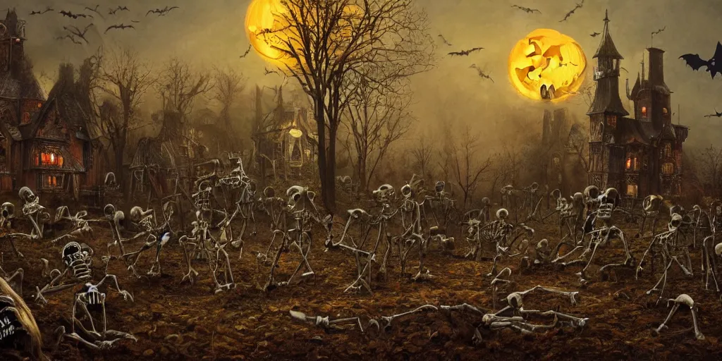 Image similar to a halloween landscape with skeletons ghosts and witches around in november, by Ernest deutsch + Ted Nasmith, cinematic lighting, masterpiece, highly detailed, 8k resolution, trending on art station