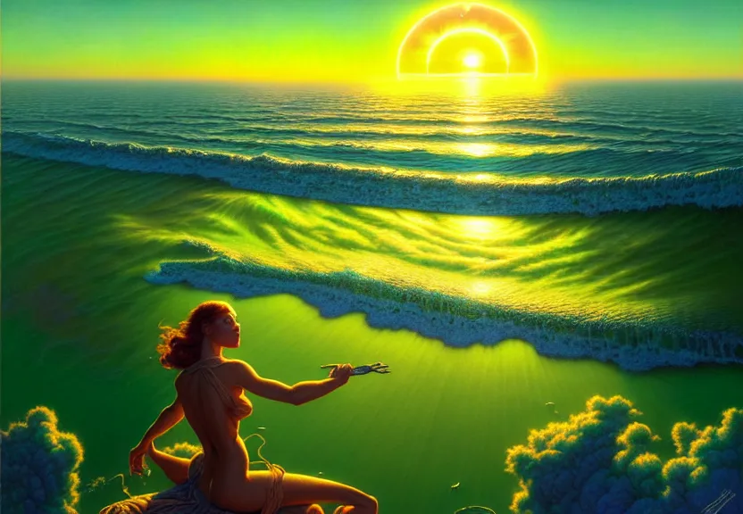 Prompt: the sun rising just above the horizon over the sea by josan gonzalez and tim hildebrandt and ted withers and gil elvgren and peter driben and greg rutkowski and roberto ferri, green water, highly detailed, hyperrealism, high contrast, intricate details, blended palette, trending on art station, stunning visuals, creative, cinematic