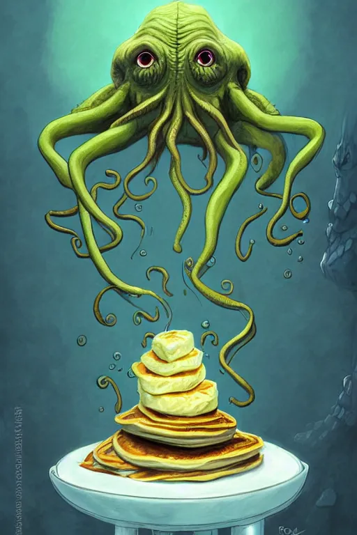 Image similar to cthulhu making pancakes, animation pixar style, by pendleton ward, magali villeneuve, artgerm, rob rey and kentaro miura style, golden ratio, trending on art station