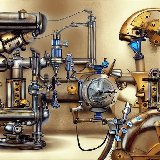 Image similar to A random pointless contraption ((steampunk)) industrial appliance pneumatic machine with no apparent purpose, being operated by a scholarly looking man with a clear directed gaze, artwork by Steve Henderson