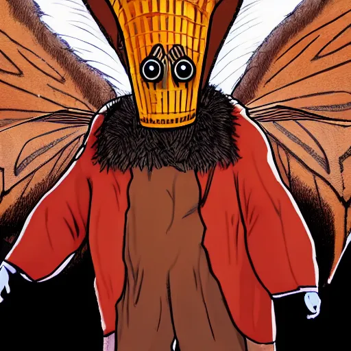 Image similar to ripped physique winged man Norm MacDonald disguised as a mothra whilst wearing a traffic cone hat brian k. vaughan vanesa r. del ray