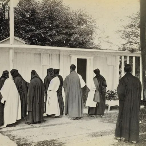 Image similar to worshippers dressed in robes belonging to the cult of porch. A porch. 1800s photo.