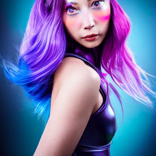 Image similar to a stunning high shutter speed action upper body portrait of a beautiful woman with a ombre purple pink hairstyle with hair flying wearing futuristic navy blue and teal battle bodyarmor and pauldrons by marvel comics, outrun, vaporware, action photography, highly detailed, fine detail, intricate, digital art, trending on artstation