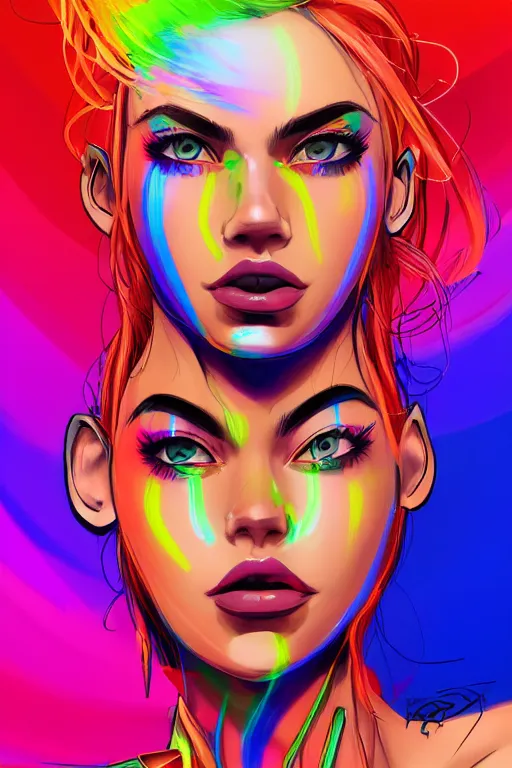 Image similar to a award winning portrait of a beautiful woman with stunning eyes in a one off shoulder crop top and cargo pants with rainbow colored hair, outlined by whirling illuminated neon lines and fine lines swirling in circles by greg tocchini, digital art, trending on artstation