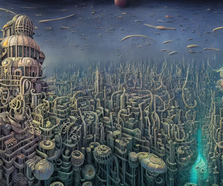 Prompt: hyper detailed 3d render like a Oil painting - advanced alien city at the bottom of the sea, by Jacek Yerka, Mariusz Lewandowski, Houdini algorithmic generative render, Abstract brush strokes, Masterpiece, Edward Hopper and James Gilleard, Zdzislaw Beksinski, Mark Ryden, Wolfgang Lettl, hints of Yayoi Kasuma, octane render, 8k