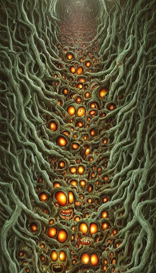 Image similar to a storm vortex made of many demonic eyes and teeth over a forest, by naoto hattori