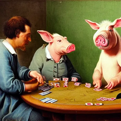 Prompt: Pig and donkey playing poker and Pig is cheating because looking on computer, 19 th century realism painting No human and change one pig in donkey [—SEED]