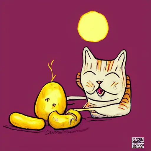 Prompt: cat eat potatos un the sun, colorful, smooth, illustration, art
