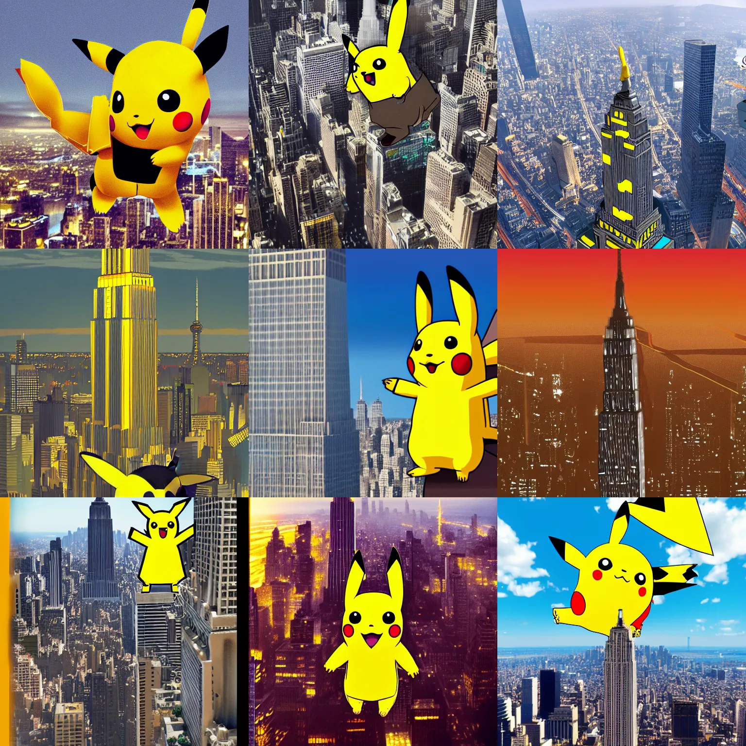 Prompt: a giant pikachu climbing up the empire state building, 8 k, trending on artstation
