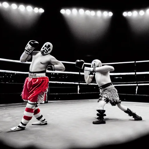 Image similar to photo of clowns boxing in the ring, clown makeup, clown makeup, circus clowns, clowns, a clown throwing a punch, hbo showtime, sports photography