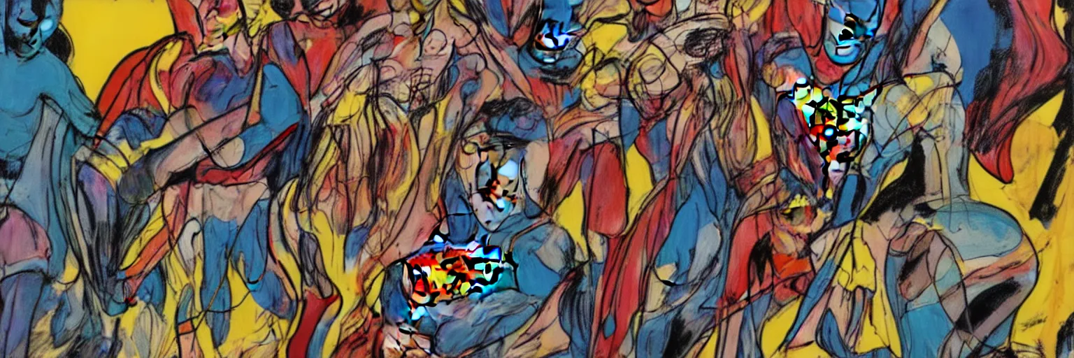 Prompt: abstract comic book art of people, dc comics, modern art,