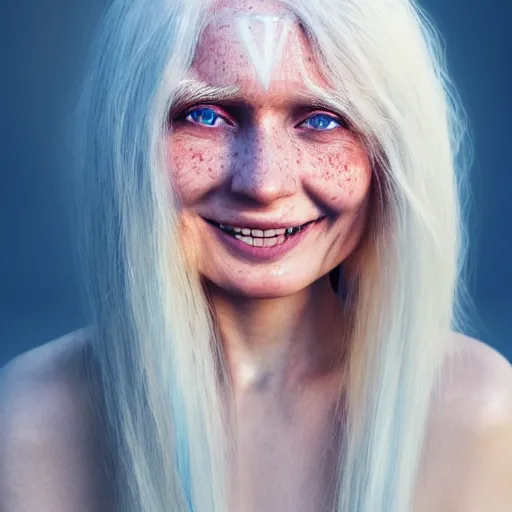 Image similar to beautiful hyperreal photo of a cute woman smiling softly, long white hair and bangs, a few cute freckles on cheeks and nose, blue eyes, very detailed face, by irakli nadar and juan francisco casas, golden hour, soft focus, 8 k, portra 4 0 0