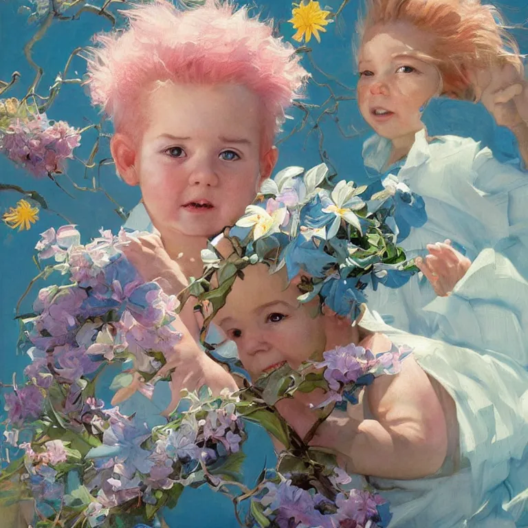 Prompt: a professional portrait of one swirly pink haired kid astronaut wearing baby blue greek clothes, muted colors, colorful flowers, tropical, sunlight filtering through skin, dynamic hair movement, dynamic pose, glowing butterflies, j. c leyendecker, by alan lee, wlop! illustrated by starember, fantasy art by craig mullins