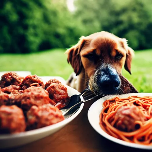 Image similar to photo of two dogs eating spaghetti and meatballs, tomato sauce, 50mm, beautiful photo