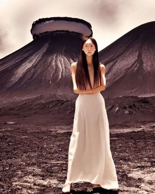 Prompt: high fashion photography of an elegant chic young woman with model looks like Chie Yamano and long straight hair, she is wearing a minimalist simple dress, intense expression, at the edge of an active volcano caldera spewing magma, by Steven Meisel and Chris Cunningham