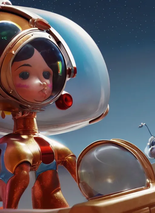 Image similar to highly detailed closeup, portrait of a tin toy bikini spacegirl in a spaceship on mars, unreal engine, nicoletta ceccoli, mark ryden, earl norem, lostfish, global illumination, detailed and intricate environment