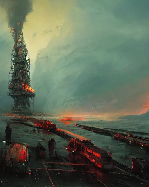 Image similar to a highly detailed epic cinematic concept art CG render digital painting artwork: Oil rig on fire. By Greg Rutkowski, in the style of Francis Bacon and Syd Mead and Norman Rockwell and Beksinski, open ceiling, highly detailed, painted by Francis Bacon and Edward Hopper, painted by James Gilleard, surrealism, airbrush, Ilya Kuvshinov, WLOP, Stanley Artgerm, very coherent, triadic color scheme, art by Takato Yamamoto and James Jean