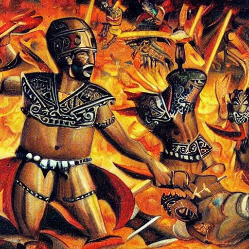 Prompt: aztecs destroy rome, epic painting