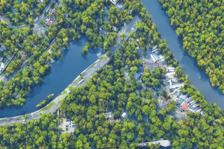 Prompt: bird's eye view of a city, trailer park, a road, bridge, and lagoon with docking area. forest and hills at the northern end