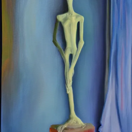 Prompt: a painting of a ethereal ghost standing close to camera in the style of alberto giacometti, acrylic, twilight, glows, detailed,