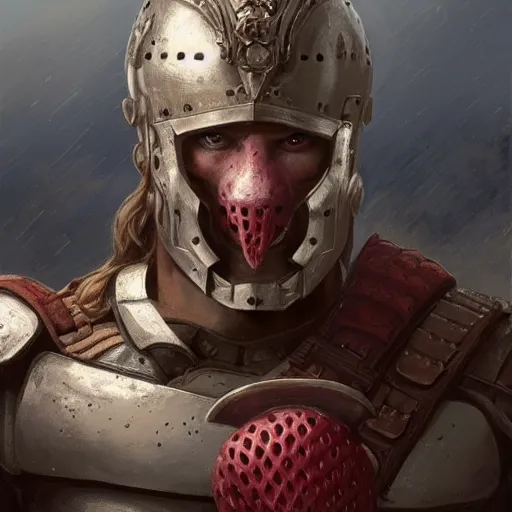 Image similar to epic portrait A spartan buff man with armor licking strawberry ice cream, digital painting, artstation, concept art, soft light, hdri, smooth, sharp focus, illustration, fantasy, intricate, elegant, highly detailed, D&D, matte painting, in the style of Greg Rutkowski and Alphonse Mucha and artemisia, 8k, highly detailed, jurgens, rutkowski, bouguereau, pastoral, rustic, georgic