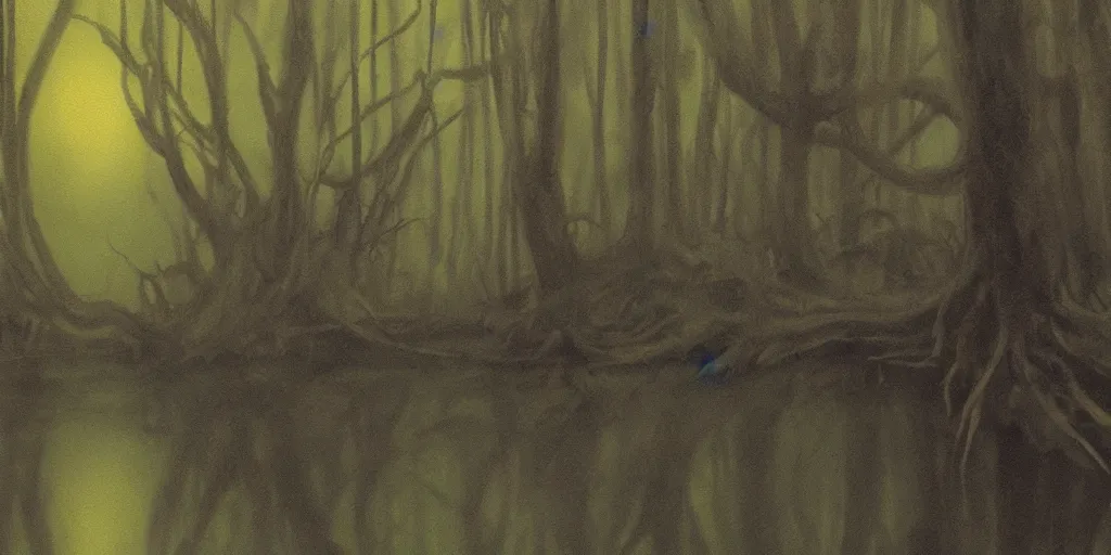 Prompt: painting of a strange creature in a murky swamp, muted colors, creepy