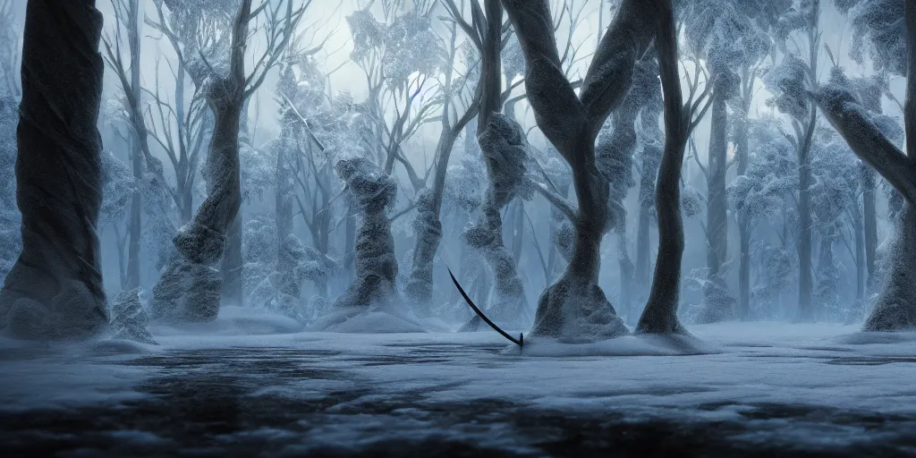 Image similar to fantasy! drizzt do'urden, winter trees, rapier, combat, fighting, duel, hyperrealism, 8 k octane render, inspired by tyler jacobson