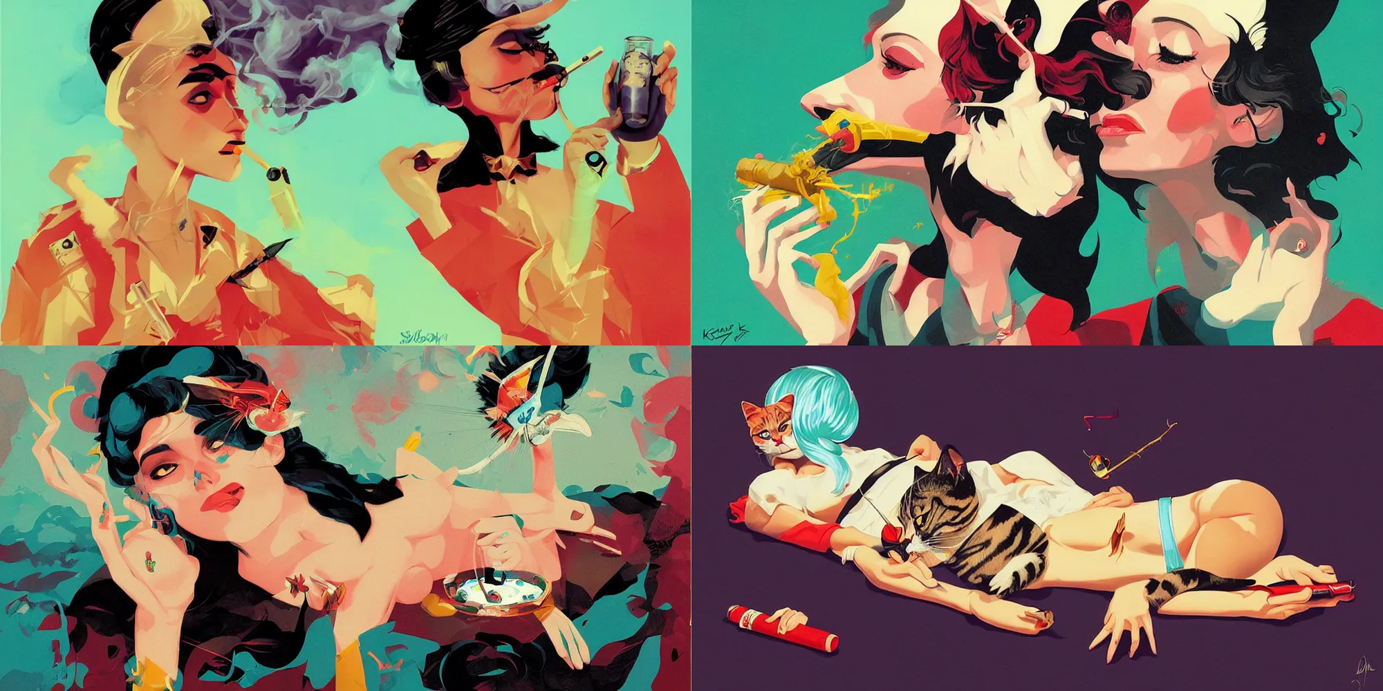 Prompt: Quinn Cat smoking weed by Sachin Teng + Karol Bak + Rolf Armstrong