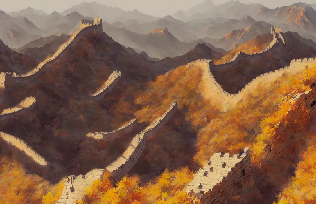 Image similar to a realistic detail portrait of a valley, the great wall, chinese, ink painting by julian calle, greg rutkowski, finnian macmanus, syd mead trending on artstation, red and yellow scheme, 8 k, wide - angle lens