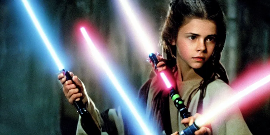 Prompt: a full color still of a teen brunette Jedi padawan holding a lightsaber hilt with laser bolts flashing by, cinematic lighting, 1999, directed by Steven Spielberg, 35mm