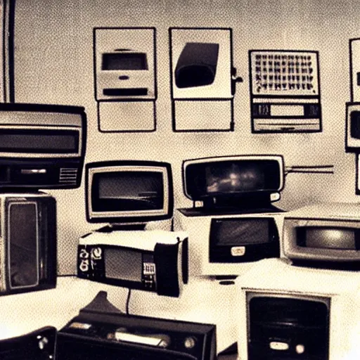 Image similar to array of crt televisions, tv static, antenna, stacked, polaroid, steroids, adult video store