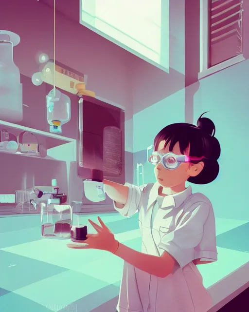 Prompt: a little girl is doing a science experiment. clean cel shaded vector art. minimalist illustration art by lois van baarle, artgerm, helen huang, petros afshar by makoto shinkai and ilya kuvshinov, rossdraws