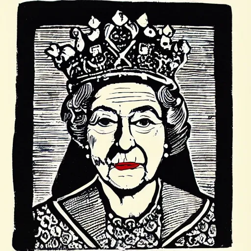 Image similar to queen elizabeth wearing balaclava and crown, lino print, whiskey bottle