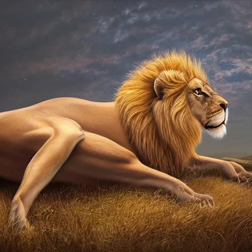 Image similar to a full body shot, detailed photograph of a dreaming lion head in a distance landscape photorealism ultradetailed digital art, irina french, heraldo ortega, mandy jurgens, golden ratio, art canvas, award winning, masterpiece trending on artstation 8 k 1 5 0 mpx