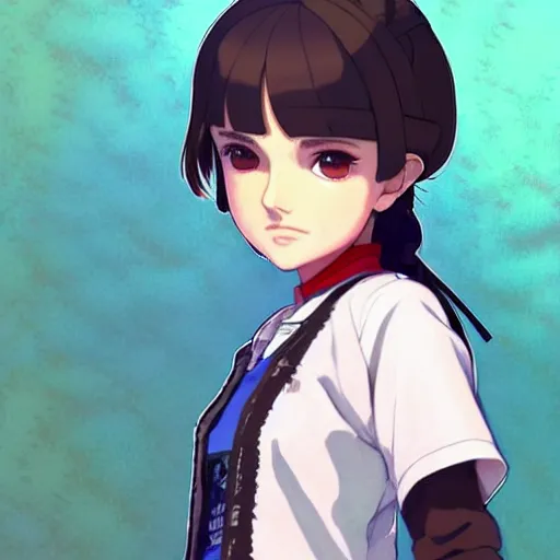 Image similar to a beautiful! boyish! natalie portman model, wearing catholic school girl outfit with mayan pattern and native style, jrpg aztec street fashion, gapmoe yandere grimdark, trending on pixiv fanbox, painted by greg rutkowski makoto shinkai takashi takeuchi studio ghibli, akihiko yoshida