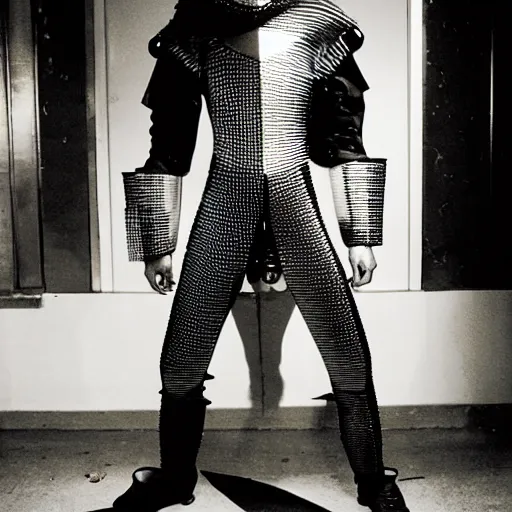 Image similar to a paladin wearing issey miyake armor in a club, portrait, fashion photography, by davide sorrenti, jemal shabazz, nan goldin