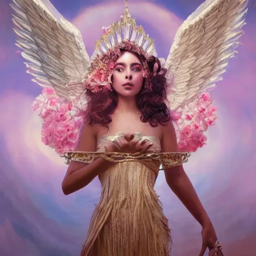 Image similar to expressive full body photo of sophia lauren as beautiful angel, smooth glowing skin, ornate headpiece made from pink flowers, glamour shot, by karol bak, by greg rutkowski, by jeremyg lipkinng, by artgerm, octane render, unreal engine, photorealistic, canon r 3, fashion photography