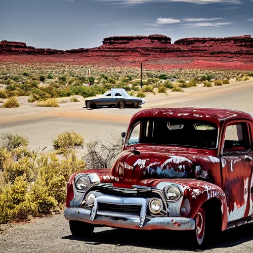 Prompt: a car with a beating heart on route66 3d 8k photo
