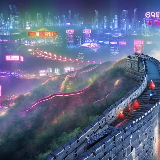 Image similar to the great wall of china getting remodeled to fit the cyberpunk city behind it, high detail, 4 k, neon lights