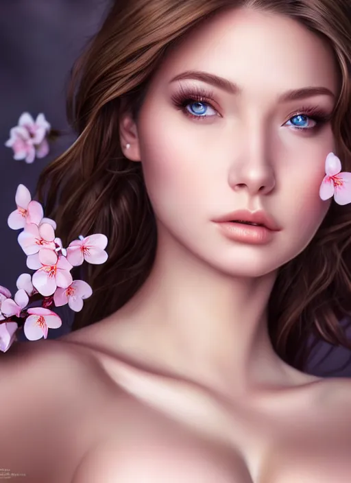 Image similar to photo of a gorgeous female, professionally retouched, soft lighting, realistic, smooth face, full body shot, torso, dress, perfect eyes, sharp focus on eyes, 8 k, high definition, insanely detailed, intricate, elegant, art by artgerm and j scott campbell, cherry blossoms