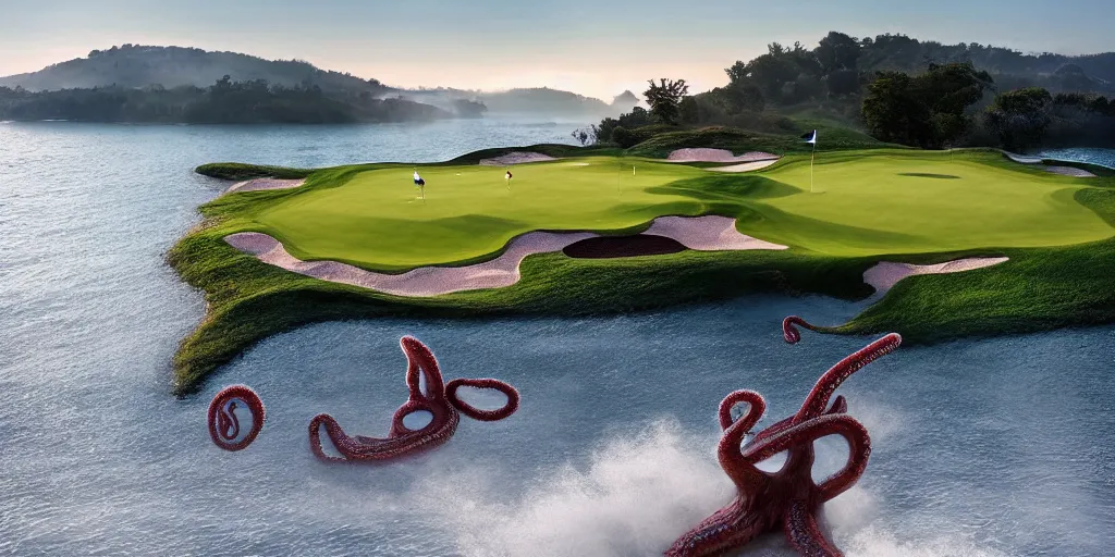 Image similar to a great photograph of the most amazing golf hole in the world, surrounded by water, giant octopus, ambient light, golf digest, top 1 0 0, fog