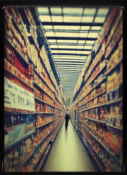 Image similar to first person view. lost in a costco maze. blurry polaroid