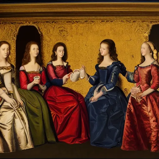 Image similar to fine art, oil on canvas. six women in a vast castle lobby wearing fine clothes, two of them are drinking tea. dark room with light coming through the right side. baroque style 1 6 5 6. high quality realistic recreation of illumination shadows and colors, no distortion on subject faces.