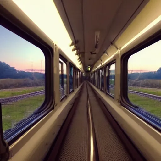 Image similar to a inside of a train hallway the train hallway is empty and train is moving the window view is a sunset view of a beautiful landscape