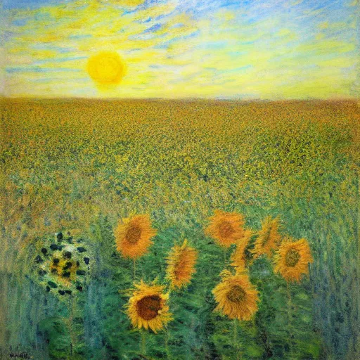 Image similar to field of sunflowers, claude monet, octane render,