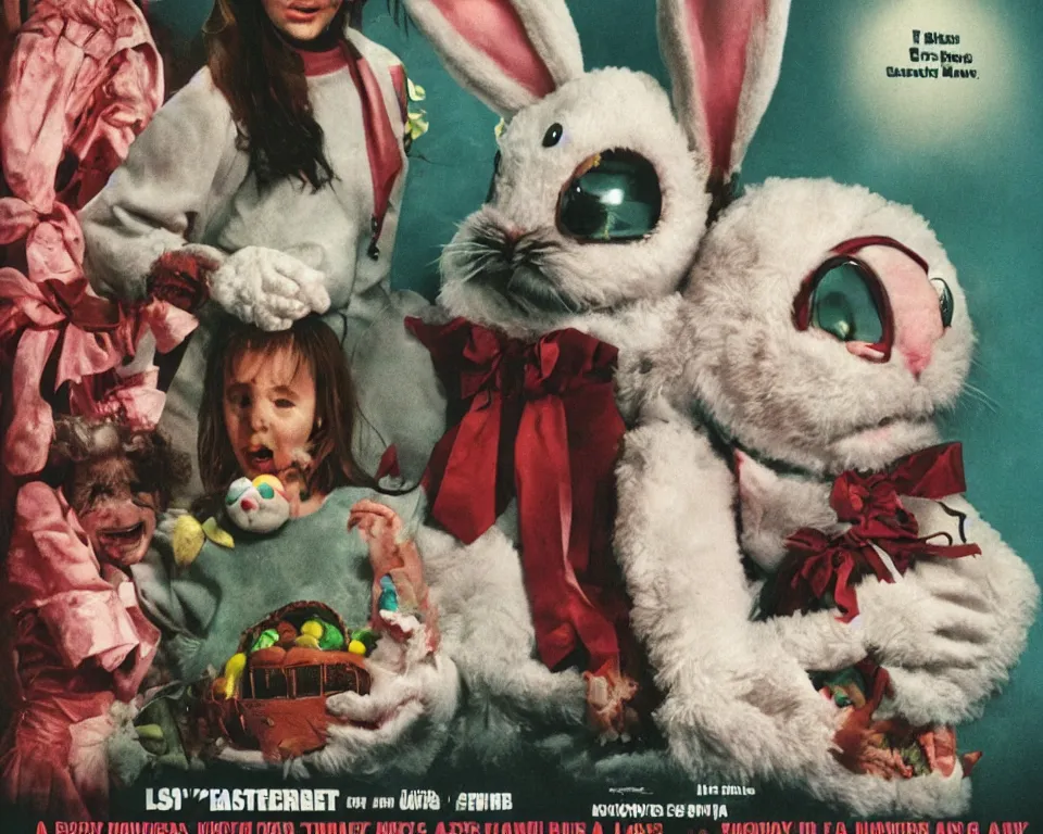 Image similar to a horror movie poster featuring the Easter Bunny