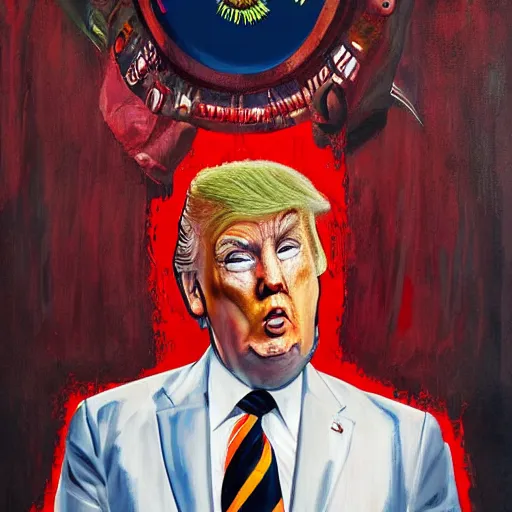 Prompt: trump as a warlord, painting, surreal, bloody