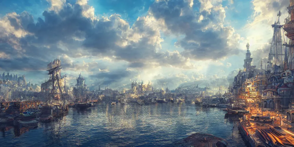 Prompt: beautiful seventeenth century harbour city, vivid colors, gorgeous clouds, god rays, digital art, landscape, fantasy art, octane render, ureal engine, high detail, very realistic, by giger