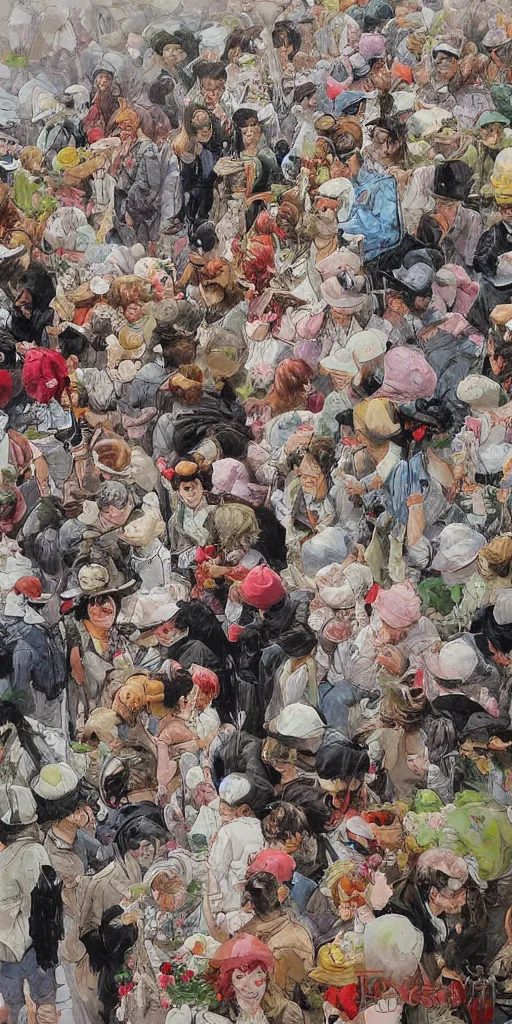 Image similar to oil painting scene crowd from blooming garden by kim jung gi